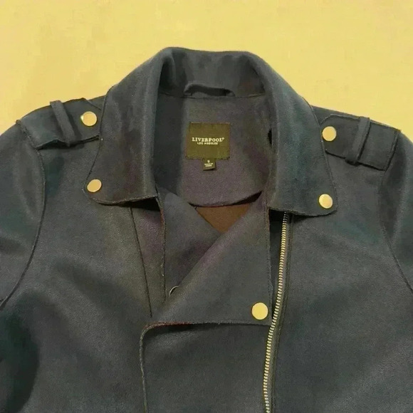 Liverpool Los Angeles Mystic Navy Moto Jacket Faux Suede Zips Women’s Size Small - Picture 5 of 14